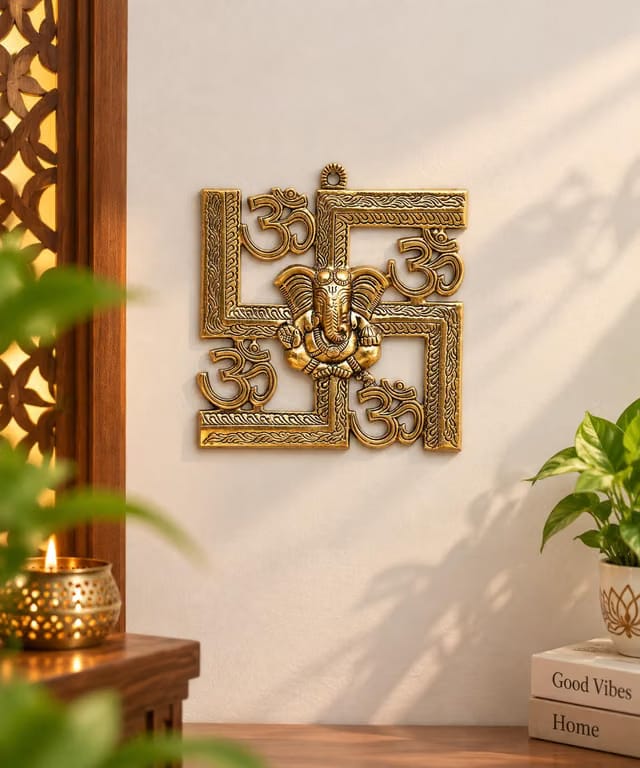 Om Swastik Ganesha Wall Hanging, 22 cm Gold-Finish Ganpati Wall Décor for Home Entrance, Living Room