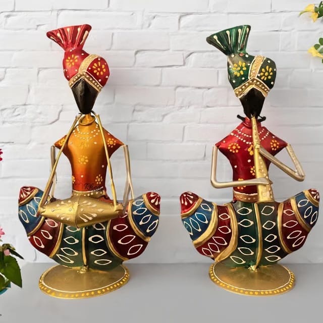 Rajasthani Musician Figurines Iron Metal Sitting Sardar Showpiece Set Traditional Indian Handicraft Decorative Items for