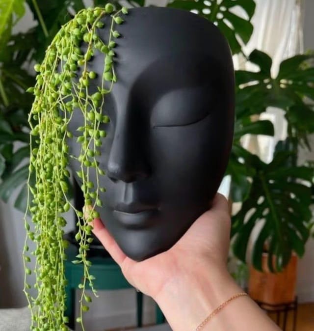 Ceramic Lady Face Wall Hanging Planter (7 Inches, Black)