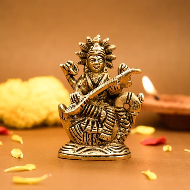 100% Pure Brass Maa Saraswati Idol (Size: 8.4 cm)