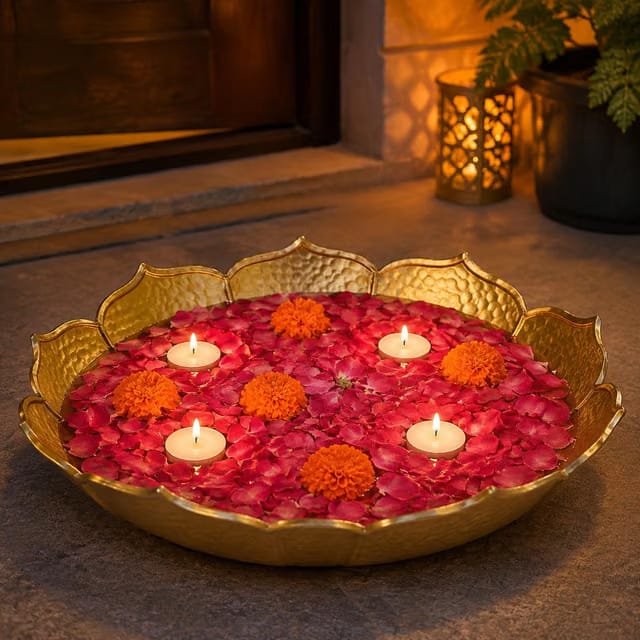 DreamKraft Decorative Urli Bowl with Flower-Inspired Metalwork, 12 Inch