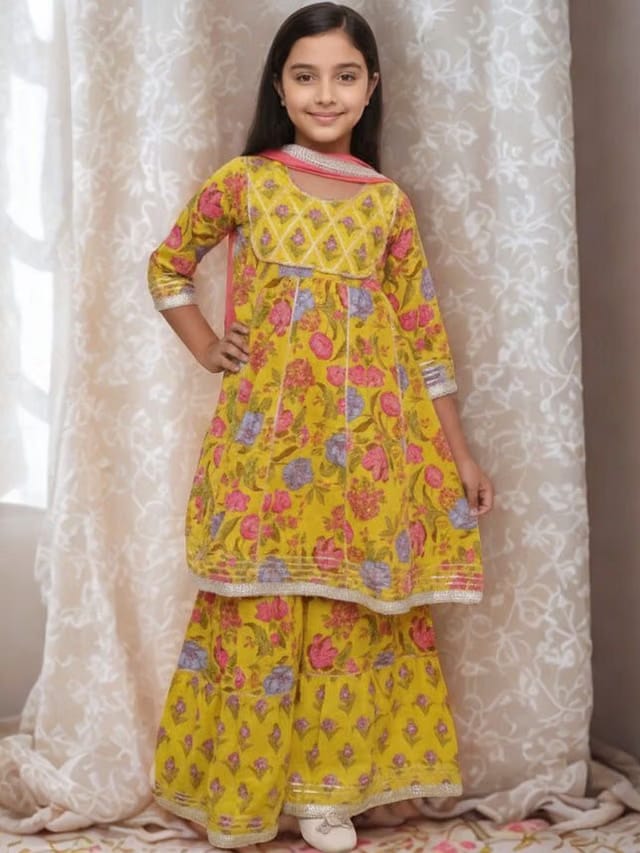 Girls Floral Printed Tiered Gotta Patti Pure Cotton Kurta with Sharara & With Dupatta