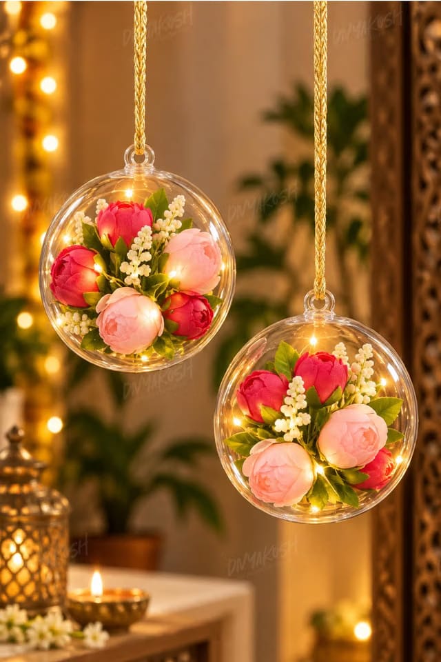 Divyakosh DIY Hanging - Artificial Peony Flowers Decoration with Cork Light, 2 Glass Globes, Diwali Decoration Items