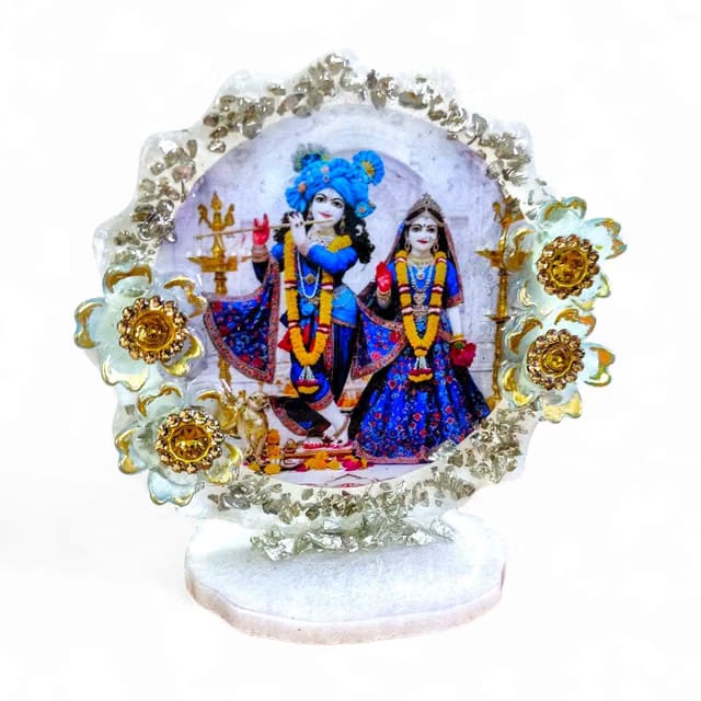Pure Blessings Radha Krishna Car Dashboard Idol, 3D Resin Art, White Silver, Agate Shape