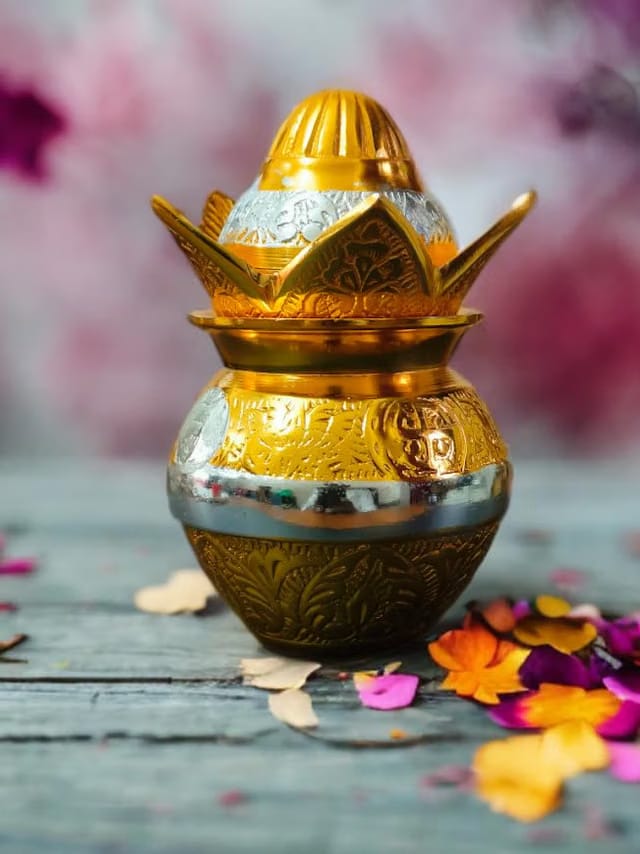 Traditional Brass Kalash, Gold and Silver Finish, Decorative Pooja Vessel with Engraved Design, 5 Inch