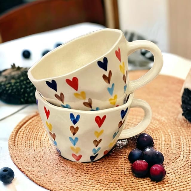 Coffee Mug Set of 2 Ceramic Mugs Handpainted Multi Heart Design 220 Ml Microwave Safe Cups Ideal Gift for Best Friend