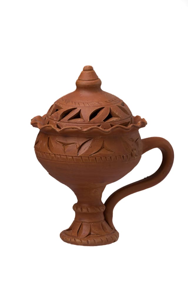 Earthen Innovation Handmade Natural Clay Dhoop Loban Dani with Lid/Dhunachi/Dhuni Burner Holder/Pot Stand for