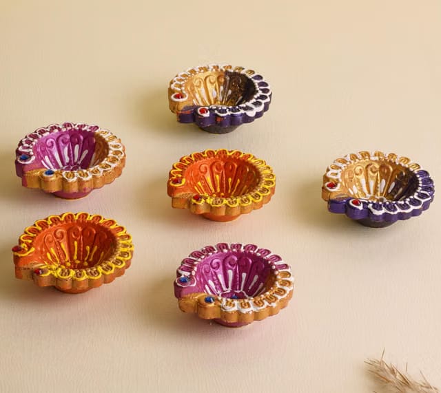 Classyo Mitti Diya Handmade Clay Diyas for Puja - Colourful Diyas for Diwali Decoration