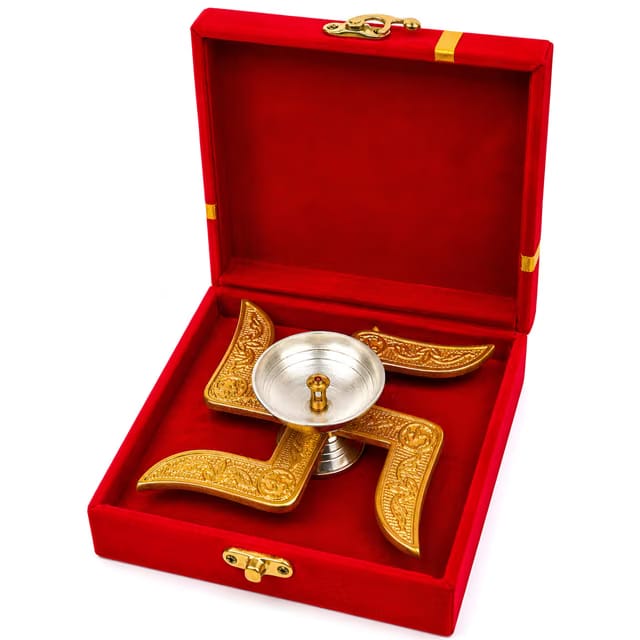 Anand Crafts German Silver Swastik Diya with Premium Velvet Gift Box, Diwali Gifts for Employees, Clients