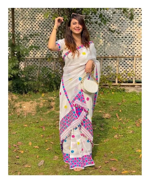 Mekhela Chador Assamese Cotton Woven Pattern Traditional Two Piece Outfit With Running Blouse Included White Free