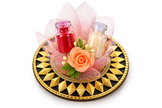 Small Bhai Dooj Gift Set, Decorative Roli Chawal Tilak Thali with Red Roli and Rice Bottles