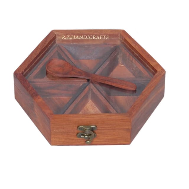 Six Blends' Wooden Spice Boxes 6 Containers Box With Spoon in Sheesham Wood Spice jar for Kitchen Masala Box Masala