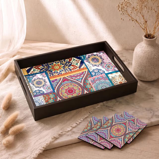 Birch & Co. Wooden Tray For Serving-Free 4 Coasters-10 Inch X 15 Inch-Serving Tray-Tray Set For Decoration-Tea Trays-Big