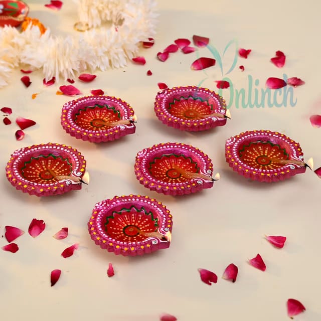 B S NATURAL Multi Color Flower Print Decorative Handmade Clay Mitti Diya, Deepak, Traditional Diya for Pooja