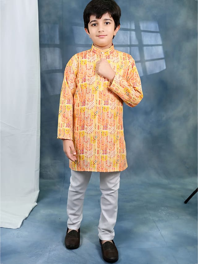 Boys Ethnic Motifs Printed Band Collar Sequinned Straight Kurta With Pyjamas Set
