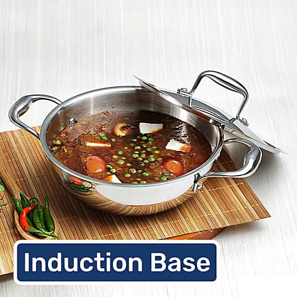 Platinum Stainless Steel, Triply Kadai With Lid - Silver, Induction