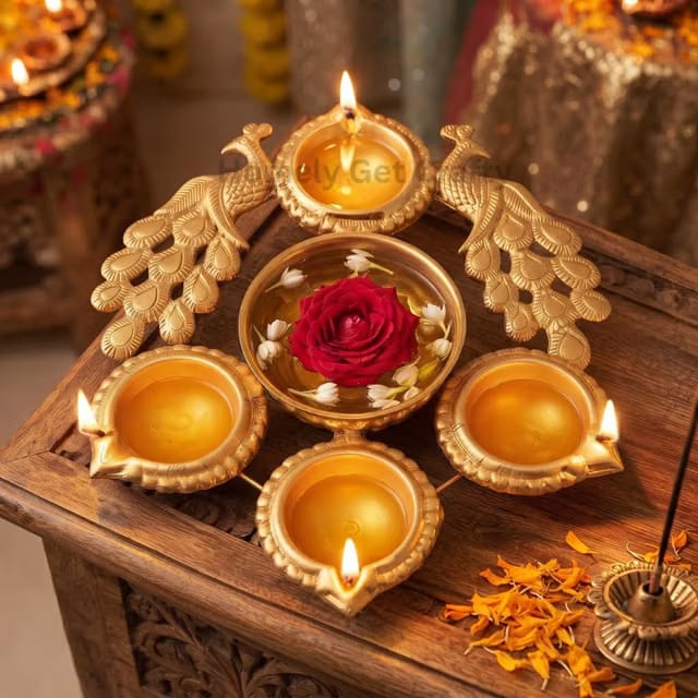 7 Inch Brass Urli Diya with Peacock Design for Home Decor
