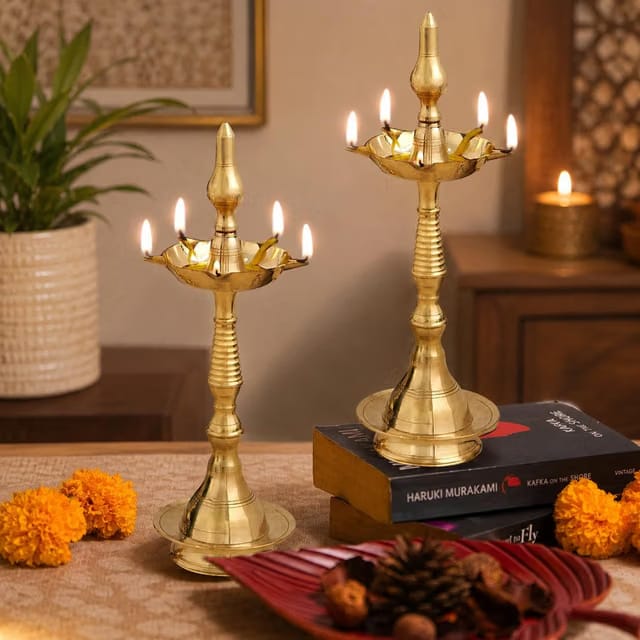 Kerela Brass Fancy Samai Stand Diya, Gold, Handcrafted, 25 cm, Multi-Wick, Home, Pooja & Festive Decor, Set of 2