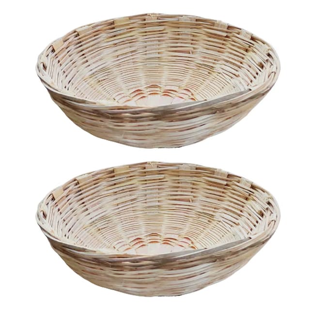 GoKoo Handmade Bamboo Traditional Fruit and Vegetable Basket Tokri (11 inch, Small Size) -2, Round, Beige