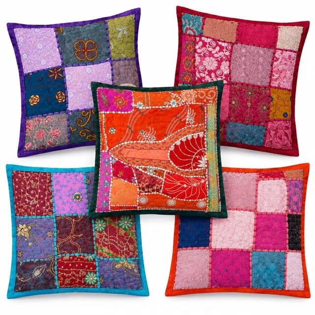 LAXORA Presents Jaipuri Patchwork Embroidery Cushion Covers Set of 5