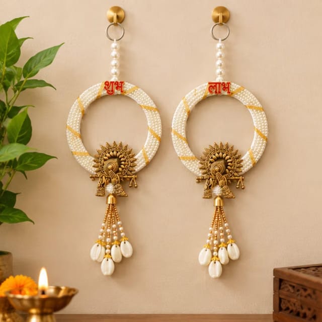 Festive HUB Wood shubh labh for Door Entrance (1 Pair) Golden Side Door hangings,toran for Home Decoration, Door Tags