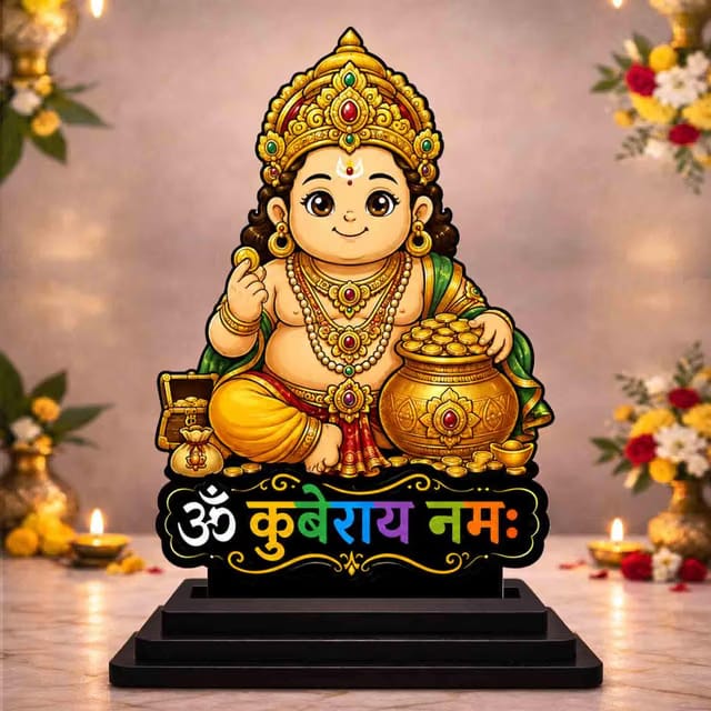 Kuber Ji Wooden MDF Cutout Idol for Car Dashboard, Home Temple, Pooja Room & Office Desk Decor, 7.5 x 10 cm