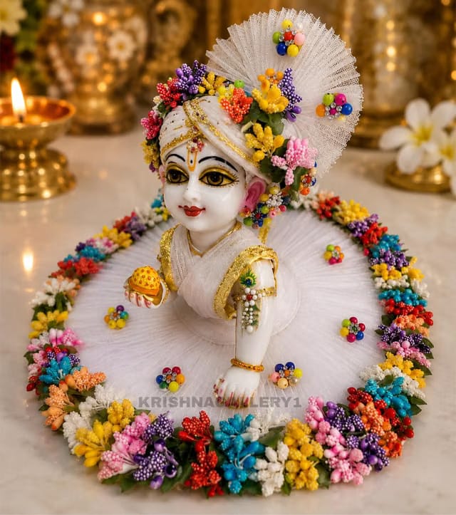 KRISHNAGALLERY1 Plastic White Laddu Gopal Kanha Ji Fancy Dress Multicolor Flowers Design Dress With Pagri Size 2 No