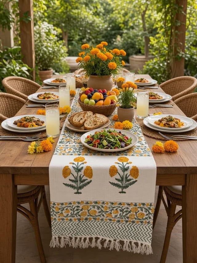 The Dehleez Studio Jute Table Runner – Floral Block Print, Fringed Tassel Edges, 13x72 Inches