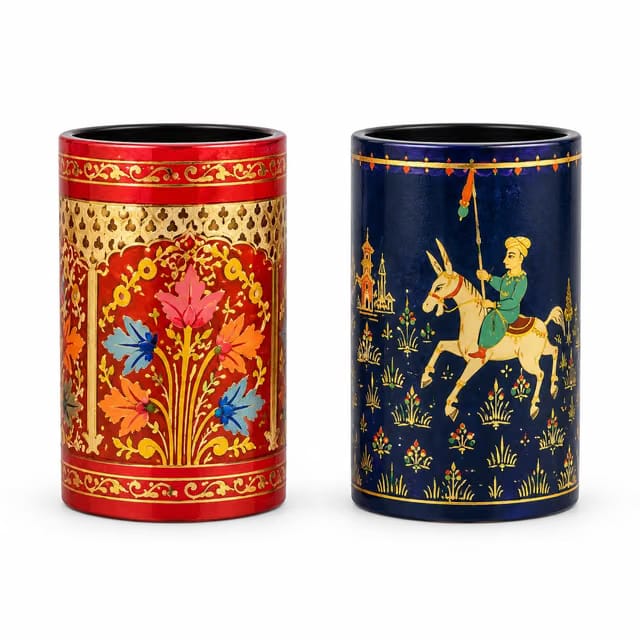 Hand-Painted Papier Mache Pen Holder, Set of 2, Mughal Art