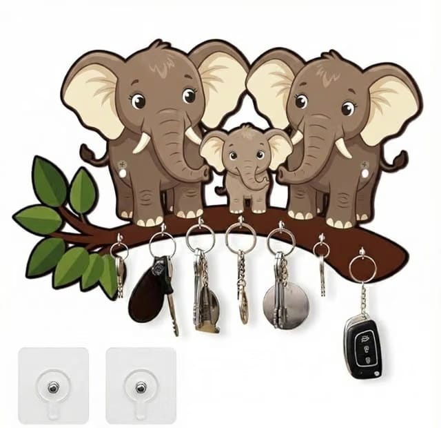 Elephant Family Wooden Key Holder for Wall