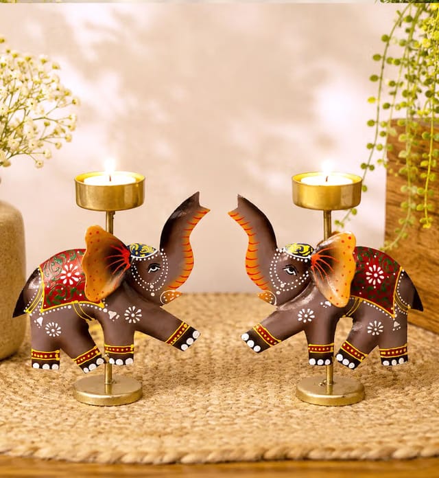 Craft Tree Metal Handpainted Diwali Decorative Elephant Set of 2 Tealight Holder/Diya in Blue Color