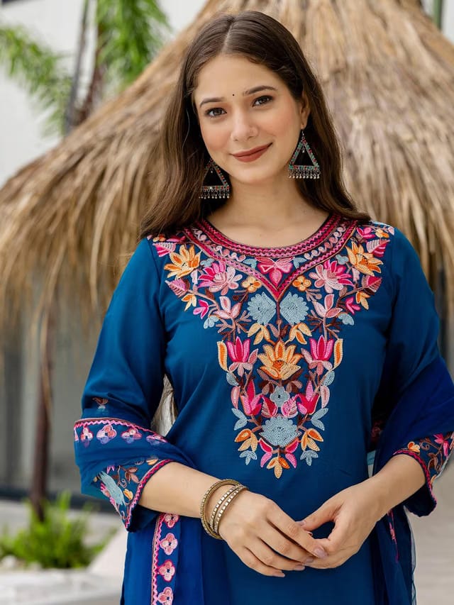 Embroidered Rama Blue Chinon Kurta with Patiala Kurta set for Women With Dupatta