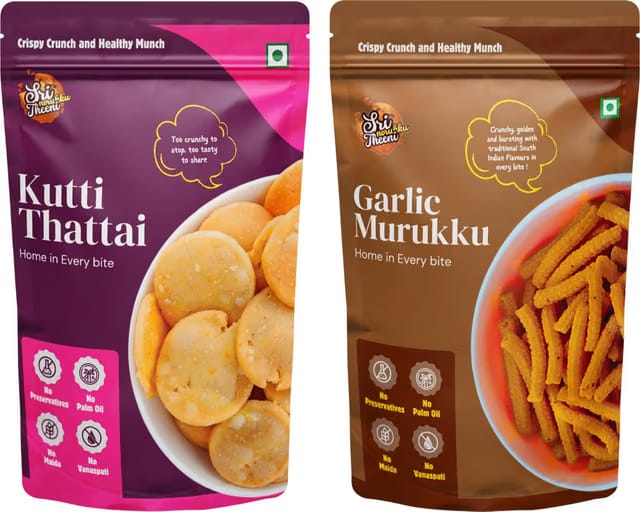 Sri norukku Theeni Garlic Murukku & Kutti Thattai Combo Pack of 2 Gathiya