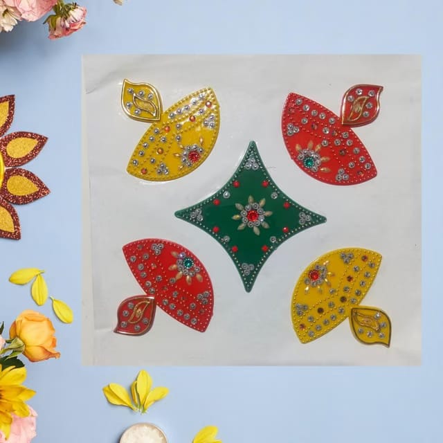 CraftVatika Readymade Reusable Acrylic Rangoli for Floor Decoration Pearl Kundan Pan Shape Handcrafted Rangoli Diwali
