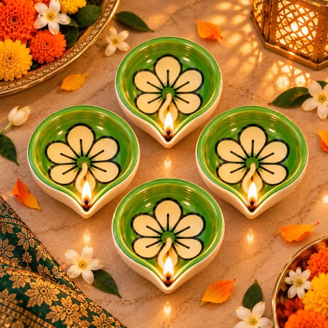 Floral Glow Handcrafted Ceramic Diyas, Set of 4, Glossy Finish