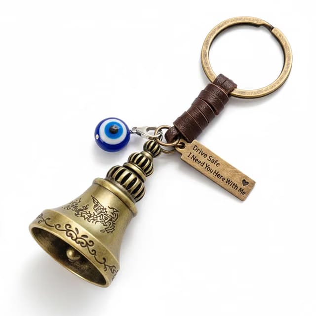 Guardian Bell For Bike Keychain with Leather Strap & Evil Eye Charm