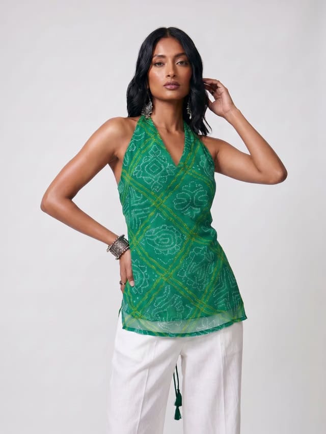 Leela Bandhani Halter Neck Corset Kurti