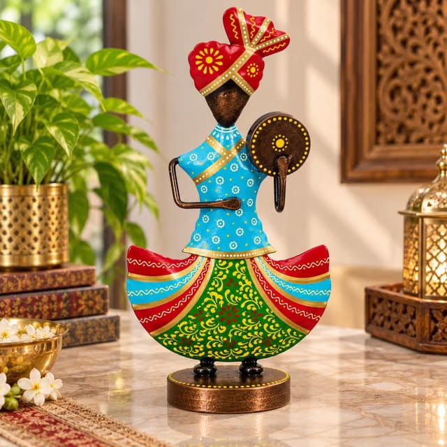 Rajasthani Musician Metal Figurine, Drum, Blue and Green