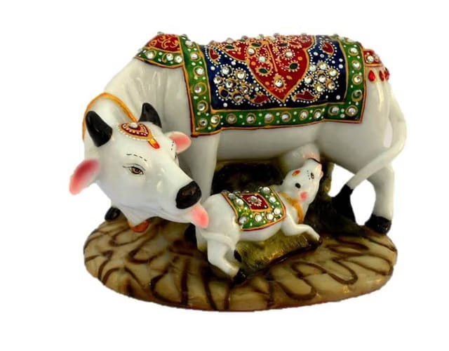 Dust Polyresin Decorative Marble Kamdhenu Cow and Calf Big Handcrafted Statue, 6-inch