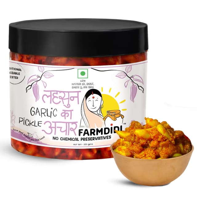 FarmDidi Garlic Pickle 325g In Fresh Traditional Homemade Lehsun ka Achaar Spicy Peeled Garlic Pickles Organic Methods