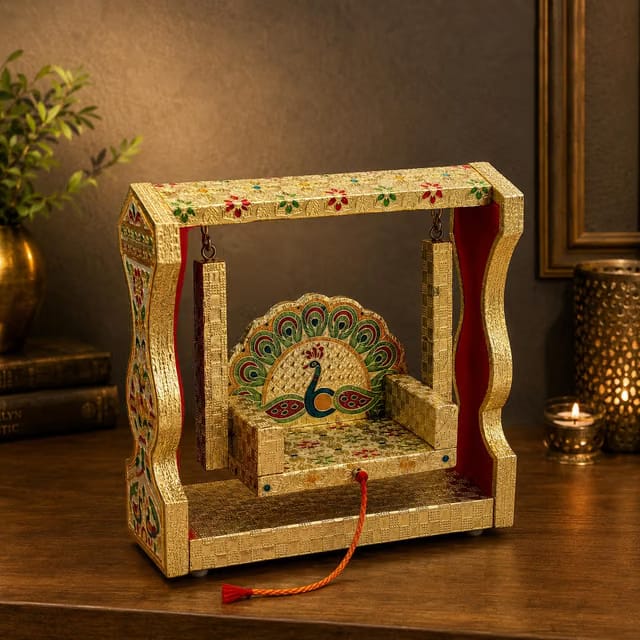 Beautiful Wooden Handicraft Peacock Meenakari Jhula for Laddu Gopal/Bal Gopal Idol/Krishana Jhula/Jhoola/Laddu Gopal for