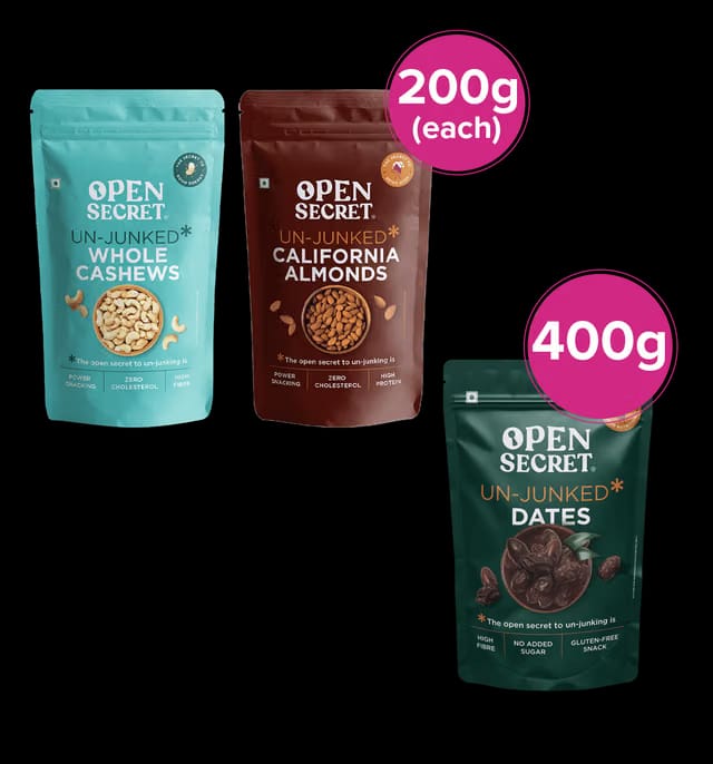 Open secret premium whole cashews (kaju) & Open Secret premium california almonds (badam) & open secret premium dates