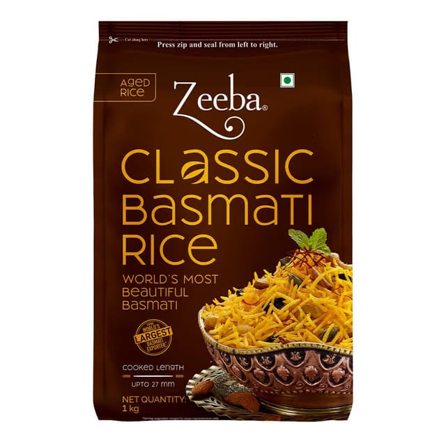 Zeeba Classic Basmati Rice 1 Kg, Raw & Naturally Aged for 2 years, Extra Long Grains (Cooked length upto 27mm*)