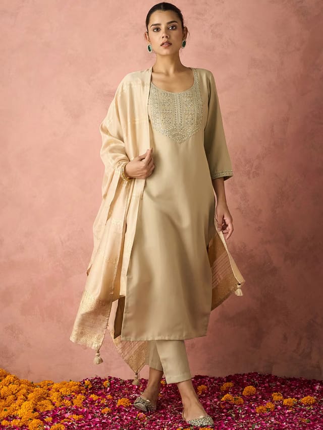 Ethnic Motifs Yoke Design Straight Embroidered Kurta with Trousers & Dupatta