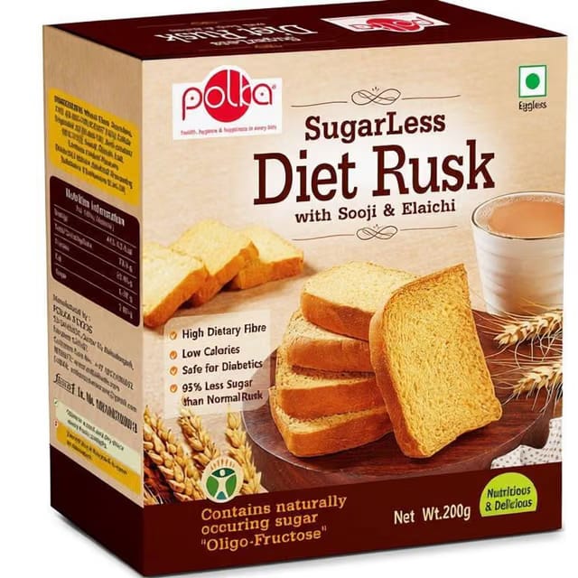 Polka Sugar Less Diet Rusk ,Pack Of 2 ,,Suji,Elaichi Sooji, Elaichi flavored Sooji Rusk