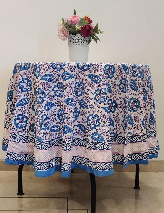 SAFRO Round Hand Block Printed Table Cloth with 8 Matching Napkins Pure 100% Cotton 60 inch Diameter