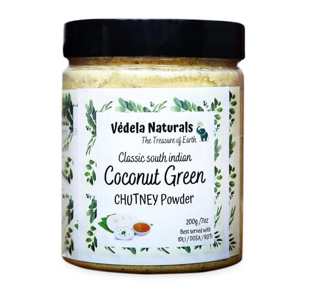 Vedela Naturals-South Indian Style Instant Coconut Green Chutney Powder, 200g / 7oz [Nariyal ki Chutney, Just Add Water]