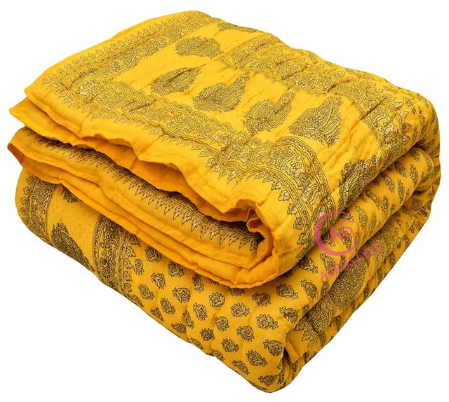 TC - 400 Pure Cotton Traditional Rajasthani Floral Design with Gold Printed Jaipuri Quilt/Razai/Rajai (Light Weight