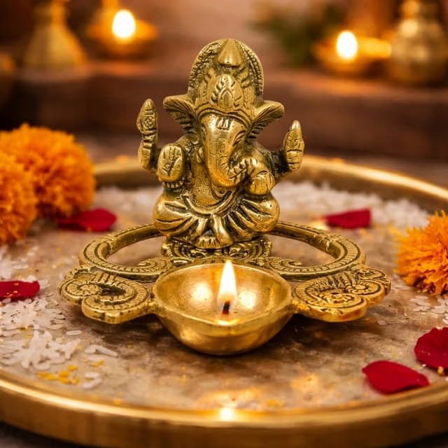 CraftVatika Ganesha Idol with Diya Stand, Ganesha Diya Deepak Oil Lamp