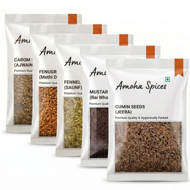 Amoha Spices Jeera, Rai(Mustard), Saunf, Methi, & Ajwain Combo Pack Everday spices